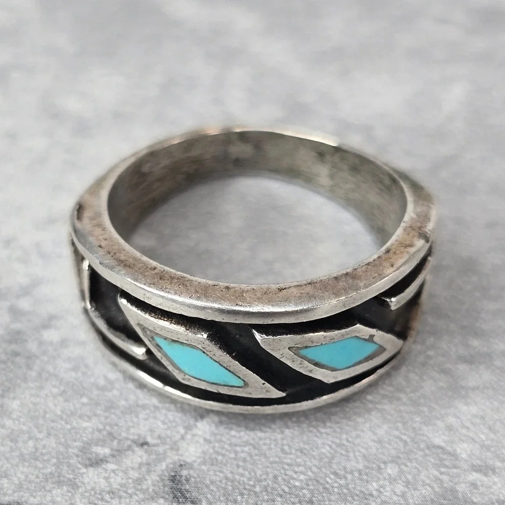 Vintage Southwestern Ring Turquoise Inlay Geometric Band Silver Tone Size 9